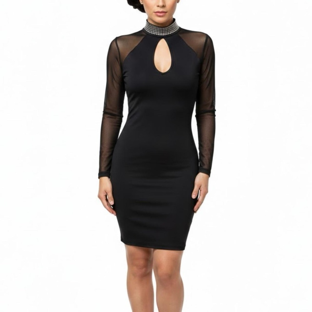 Windsor Black Keyhole Bodycon Mini Dress Sheer Mesh Long Sleeve Studded Collar